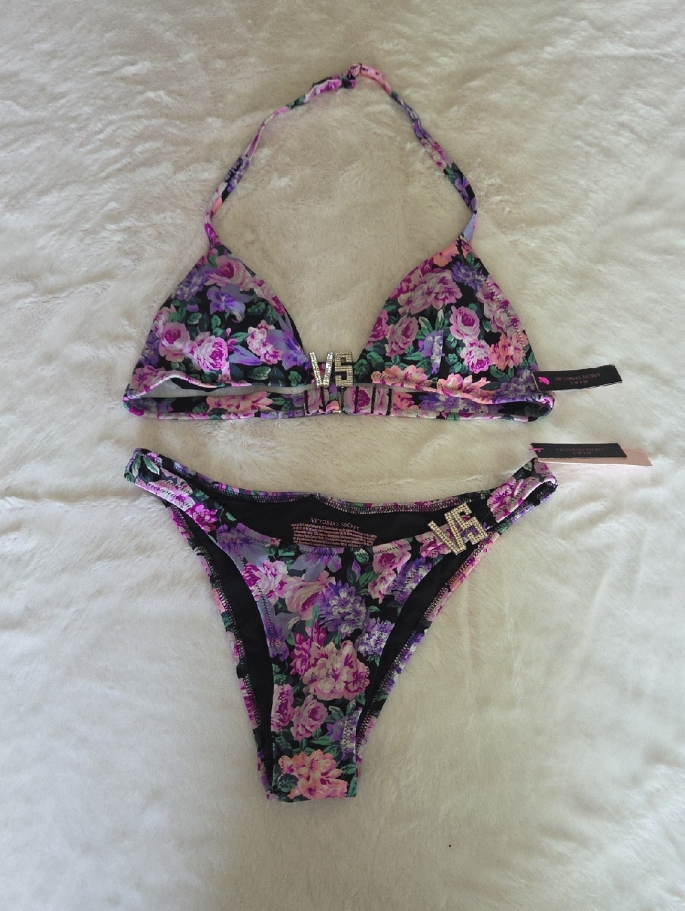 Victoria's Secret Purple Pink Floral Bikini with Rhinestone VS Accent
